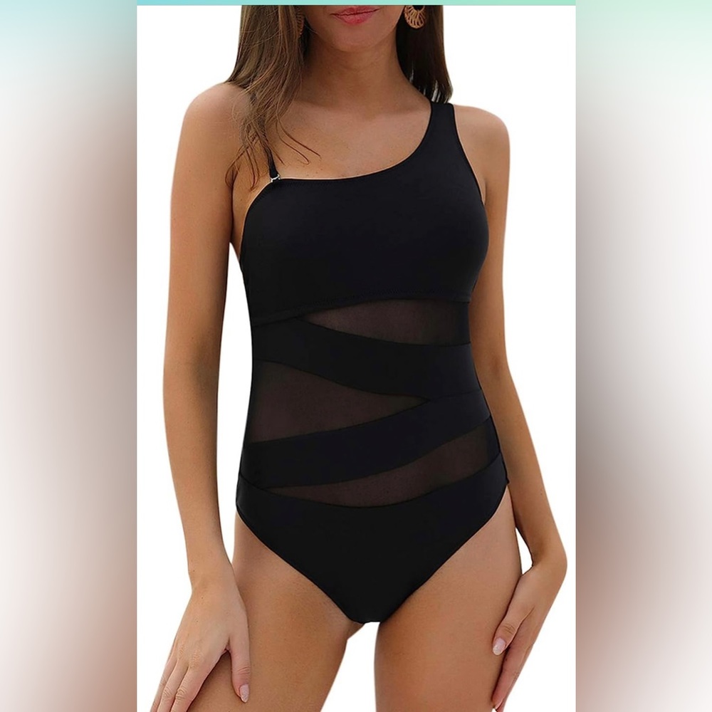 NWT one piece sheet mesh one shoulder removable strap swimsuit